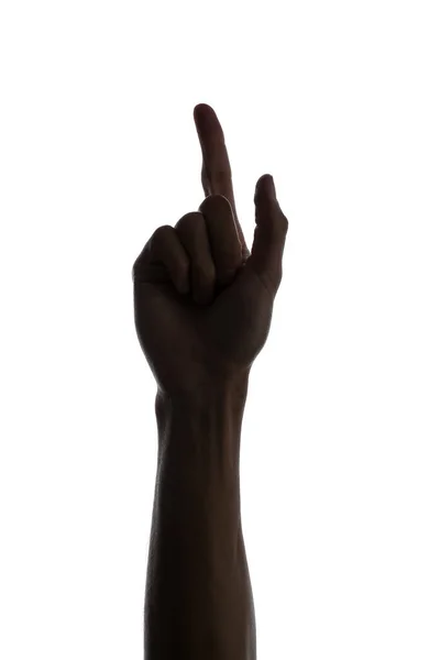 Silueta Mužské Ruky Ukazující Něco Bílém Pozadí — Stock fotografie