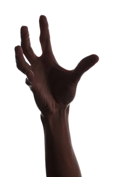 Silhueta Mão Masculina Segurando Algo Fundo Branco — Fotografia de Stock