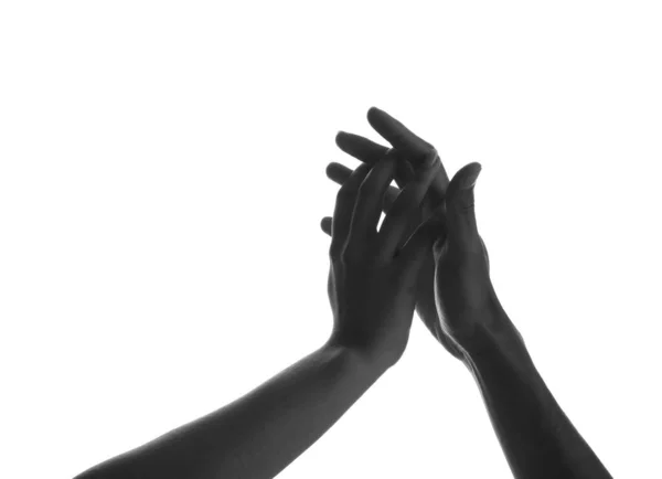 Silhouet Van Mannelijke Vrouwelijke Handen Witte Achtergrond — Stockfoto
