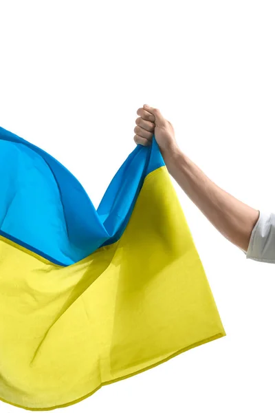 Mão Masculina Com Bandeira Nacional Ucrânia Fundo Branco — Fotografia de Stock