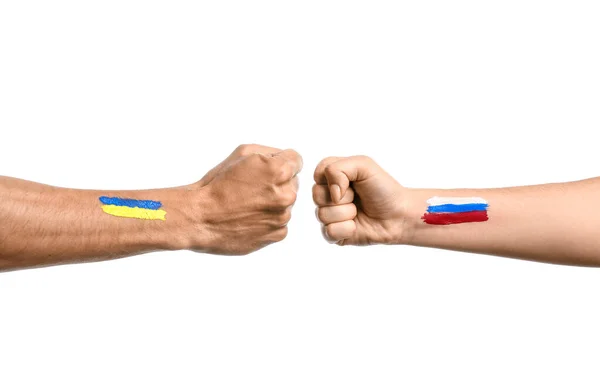 Clenched Fists Male Female Hands Painted Flags Ukraine Russia White — Stock Photo, Image
