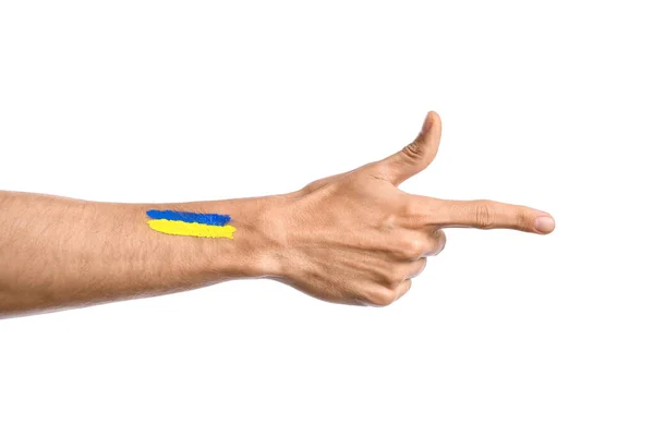 Ανδρικό Χέρι Ζωγραφισμένη Ουκρανική Σημαία Που Δείχνει Κάτι Λευκό Φόντο — Φωτογραφία Αρχείου
