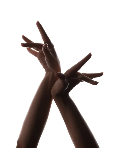 白地に隔離された女性の手のシルエット — ストック写真