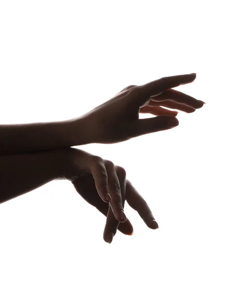Silhueta Mãos Femininas Isoladas Branco — Fotografia de Stock