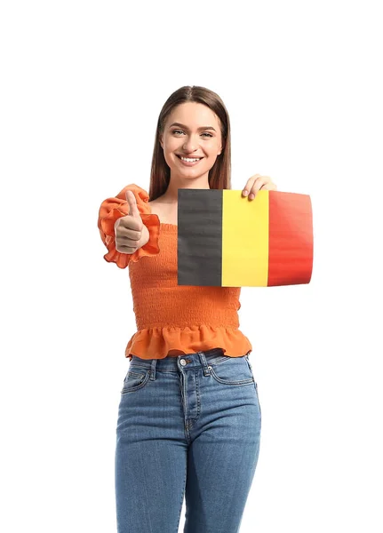 Νεαρή Γυναίκα Σημαία Βελγίου Που Δείχνει Τον Αντίχειρα Πάνω Λευκό — Φωτογραφία Αρχείου