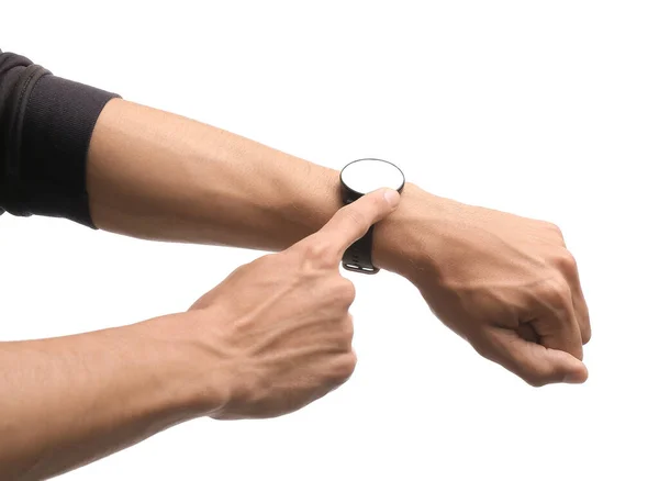 Male Hands Modern Smart Wrist Watch White Background — Stock Photo, Image