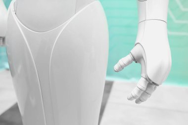 Gelecekçi insansı robot sergide, yakın plan