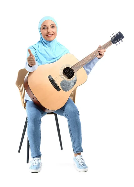 Muslim Music Teacher Guitar White Background — Stock Photo, Image