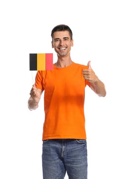 Fiatal Férfi Zászló Belgium Mutatja Hüvelykujj Fehér Háttér — Stock Fotó