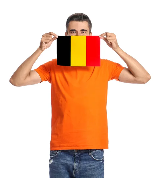 Ung Man Med Flagga Belgien Vit Bakgrund — Stockfoto