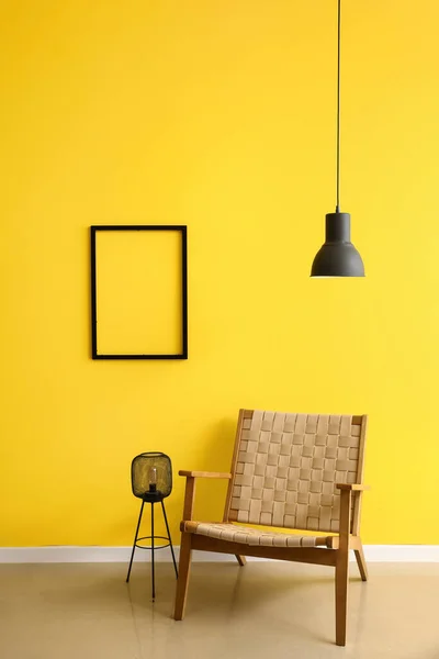 Comfortable Armchair Lamp Blank Photo Frame Yellow Wall Room Interior — Stock Photo, Image