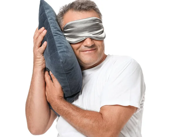 Volwassen Man Met Slaapmasker Kussen Witte Achtergrond — Stockfoto