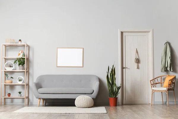 Interior Modern Living Room Grey Sofa Houseplants — Stock Photo, Image