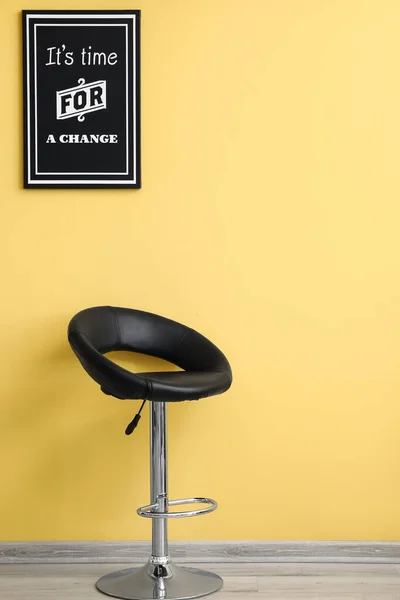 Stylish Poster Comfortable Chair Yellow Wall — Stock Photo, Image