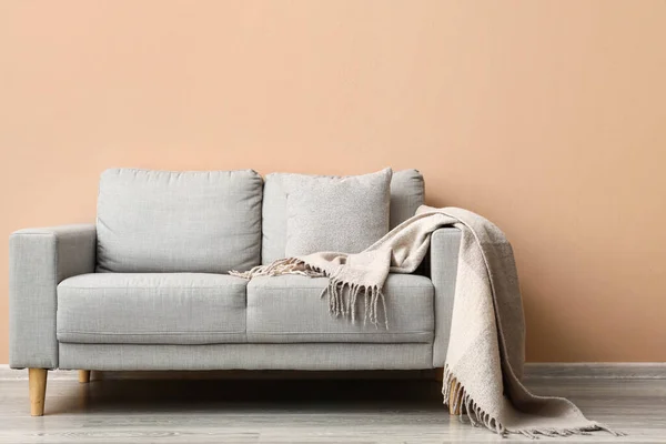 Comfortable Sofa Plaid Beige Wall — Stock Photo, Image