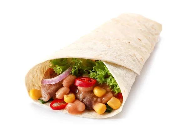 Chutné Burrito Masem Bílém Pozadí — Stock fotografie