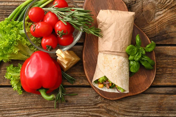 Board Tasty Burrito Meat Wooden Background — Stock Photo, Image