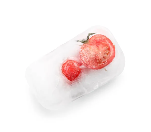 Fresh Tomatoes Frozen Ice White Background — ストック写真
