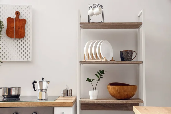 Modern Shelving Unit Tableware Coffee Maker Stove White Wall Kitchen — Stock Photo, Image