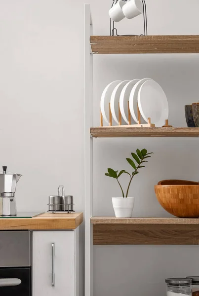 Modern Shelving Unit Tableware White Wall Kitchen — Stock Photo, Image