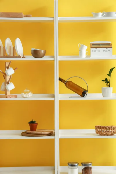 Modern Shelving Unit Dishware Yellow Wall Kitchen — ストック写真