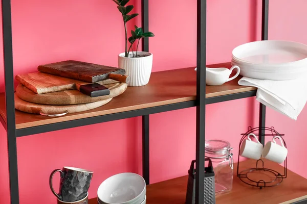 Modern Shelving Unit Dishware Houseplant Pink Wall Kitchen — Stock Photo, Image