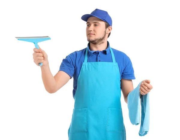 Worker Cleaning Service White Background — Stock Photo, Image