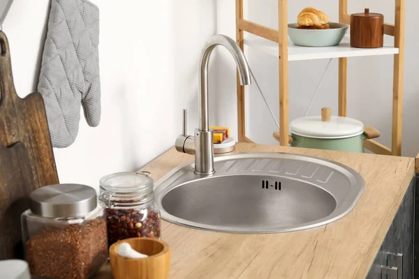 Wooden Counter Sink Jars Shelf Unit White Wall — Stock Photo, Image