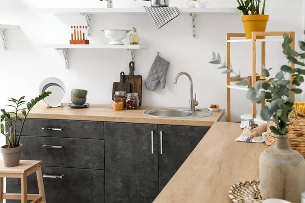 Wooden Counters Sink Different Cookware White Wall — Stock Photo, Image