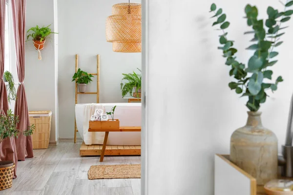 Box Mit Sauberen Handtüchern Auf Bank Und Schönen Zimmerpflanzen Badezimmer — Stockfoto