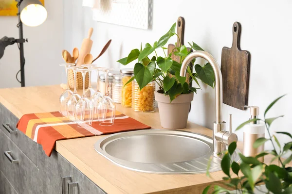 Wooden Counter Silver Sink Houseplants Kitchen Utensils White Wall — Stock Photo, Image