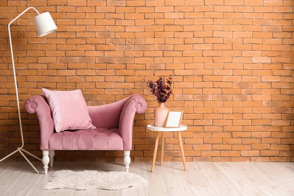 New Sofa Lamp Blank Frame Table Brick Wall — Stock Photo, Image