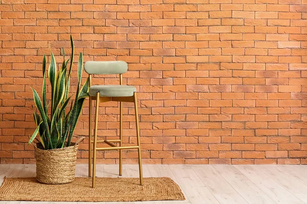 New Chair Houseplant Brick Wall — ストック写真