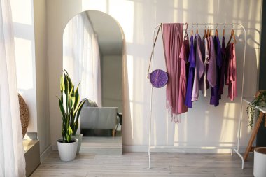 Işık duvarının yanında giysi, ayna ve bitkilerle doldur.