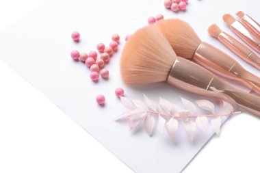 Beyaz arkaplanda makyaj fırçaları ve allık, yakın plan