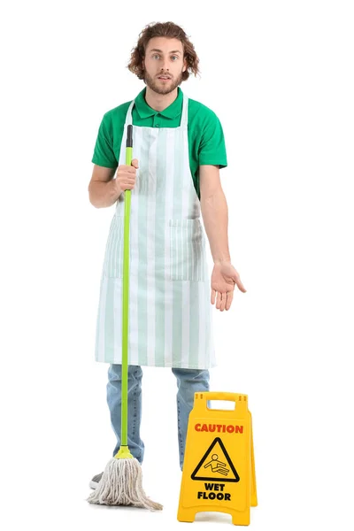 Young Worker Cleaning Service Mop Caution Sign White Background — Stock Photo, Image