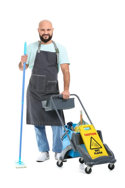 Trabalhador Masculino Serviço Limpeza Com Carrinho Fundo Branco — Fotografia de Stock