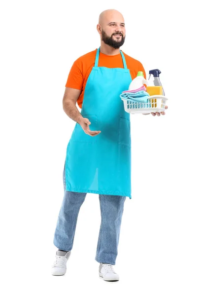 Bald Man Cleaning Supplies Isolated White — Stock Photo, Image