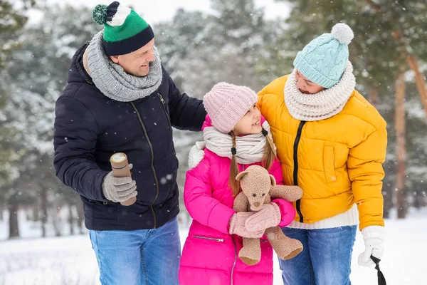 Menina Com Brinquedo Seus Avós Dia Inverno Nevado — Fotografia de Stock