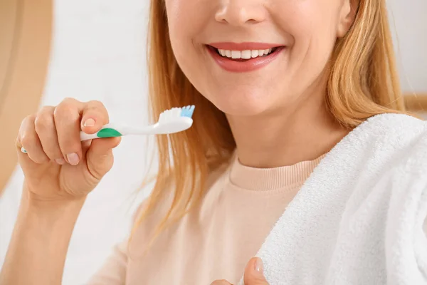 Beautiful Mature Woman Brushing Teeth Bathroom Closeup — Stock Photo, Image