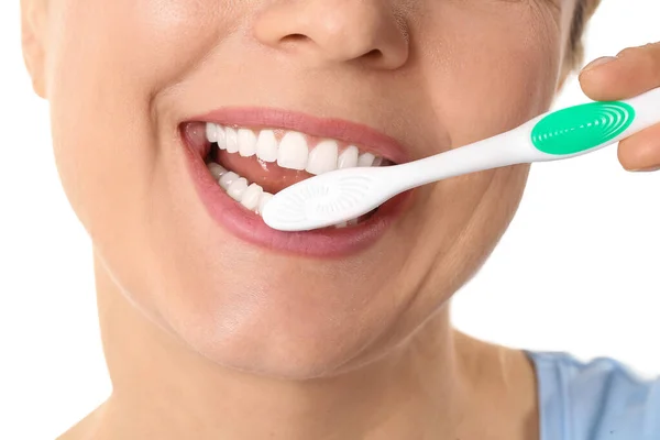 Beautiful Mature Woman Brushing Teeth White Background Closeup — Stock Photo, Image