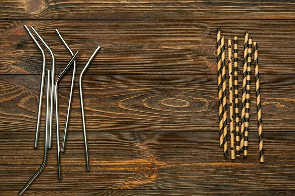 Stylish Metal Paper Straws Drinks Wooden Background — Stock Photo, Image