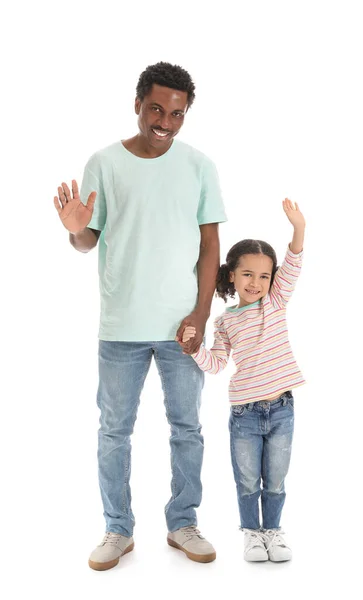 Retrato Homem Afro Americano Feliz Sua Filha Acenando Mãos Sobre — Fotografia de Stock