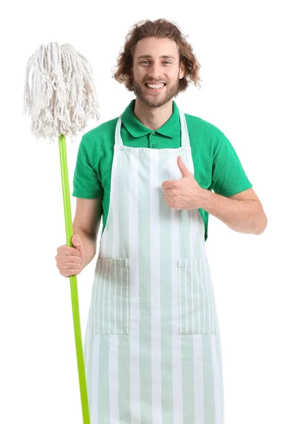 Young Worker Cleaning Service Mop Showing Thumb White Background Royalty Free Stock Images