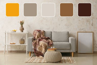 Kanepe, puf ve raf üniteli modern oturma odası. Farklı renk örnekleri