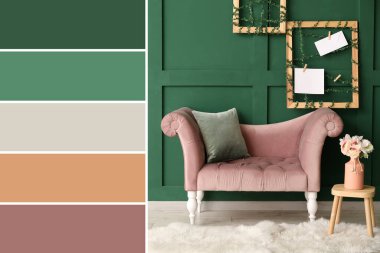 Yeşil duvarın yanında kanepesi ve masası olan modern oturma odasının içinde. Farklı renk örnekleri