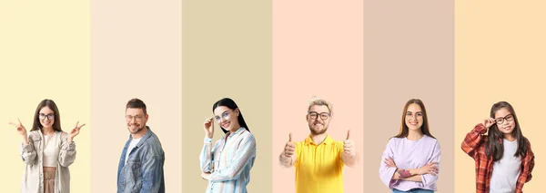 Renkli Arka Planda Gözlük Takan Farklı Insanlarla Kolaj — Stok fotoğraf
