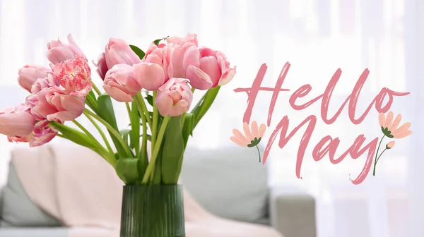Card Bouquet Pink Tulips Text Hello May — Stock Photo, Image