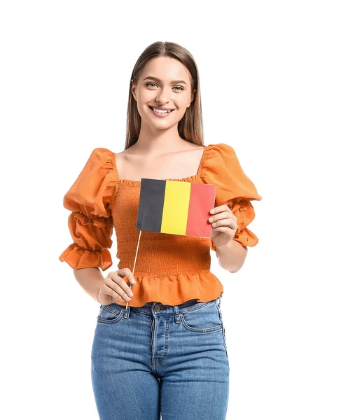 Ung Kvinna Med Flagga Belgien Vit Bakgrund — Stockfoto