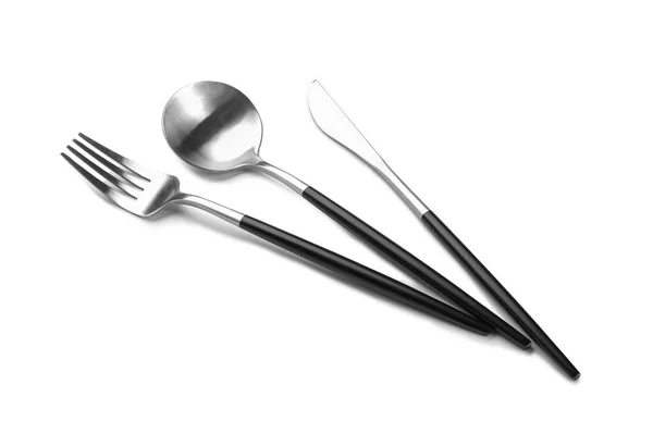 Set Stainless Steel Cutlery Black Handles White Background — ストック写真